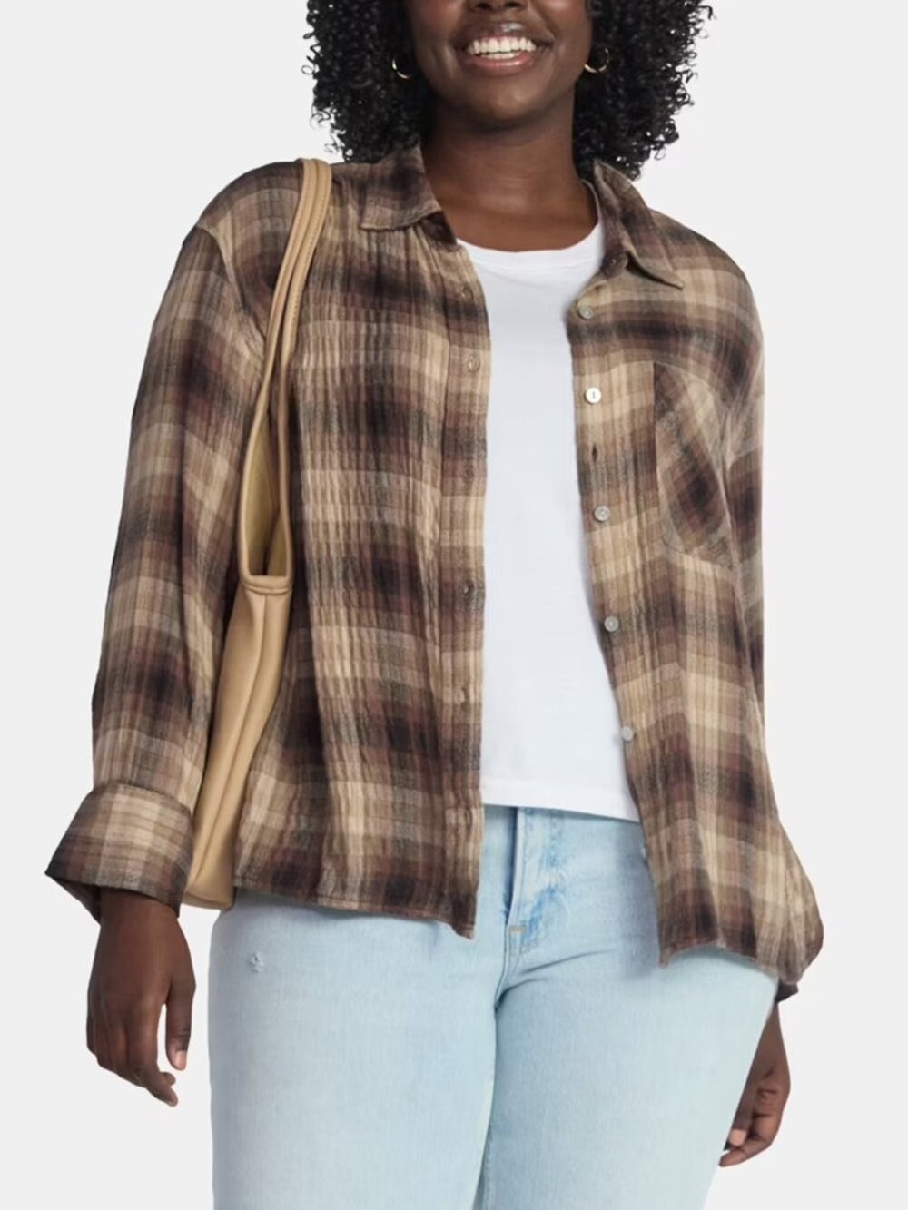 NWT Plus Size 3X (24W / 26W) Terra & Sky Brown Plaid Button-Up Shirt